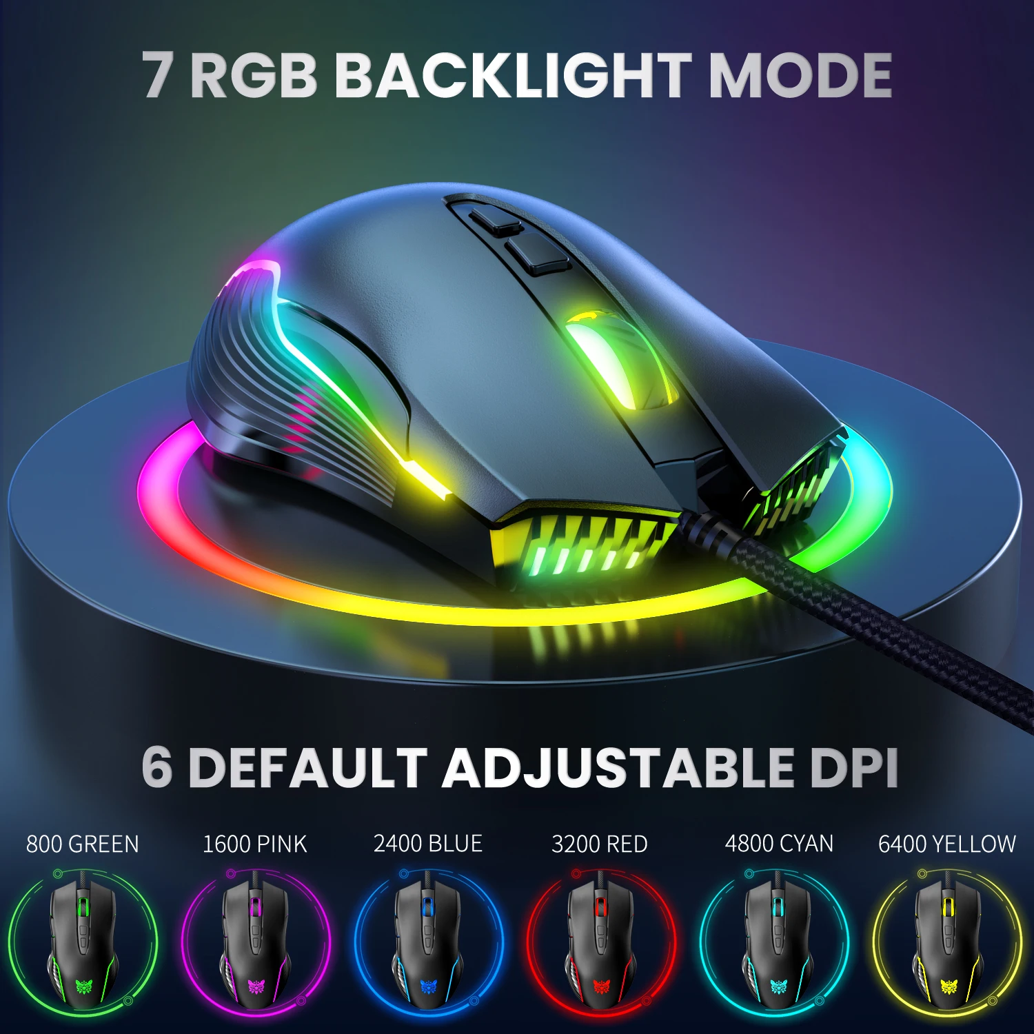 ONIKUMA RGB Gaming Mouse 7 Programming Buttons 6 Levels Adjust 6400 DPI with Dynamic Lighting Ergonomic Mice for Laptop PC Gamer