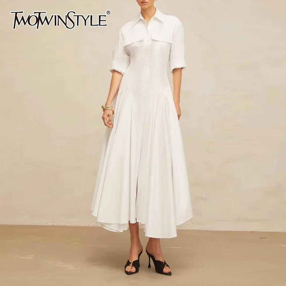 

TWOTWINSTYLE Solid Spliced Single Breasted Dress Female Lapel Long Sleeve Loose Casual Lazy Women's Dresses Autumn Fashion New