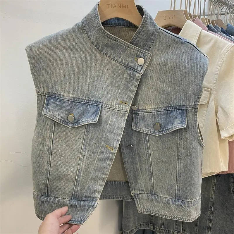 

Women Denim Vests Spring Autumn Clothes Sleeveless Chic Tops Blue Short Jacket Denim Jeans Vest Jacket Female Waistcoat Q234