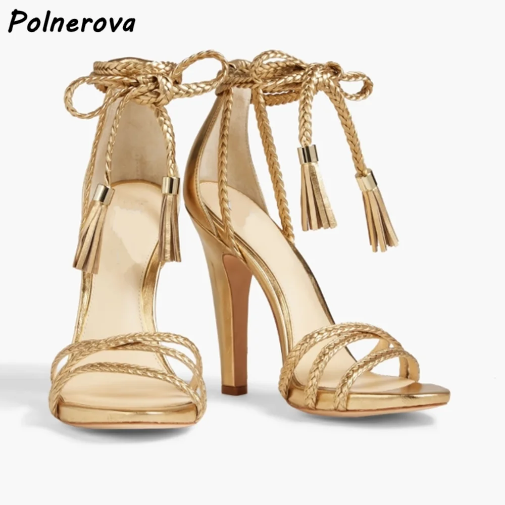 

Weave Stripes Fringe Gold Sandals Cross Tied Lace Up Round Toe Thin Heels Women's Fashion Shoes Luxury Summer Stiletto Shoes