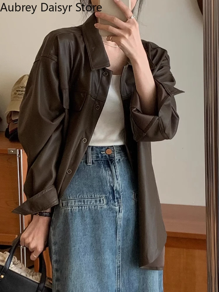 Jaqueta de couro marrom para mulheres, blazer de couro falso, Parkas casual coreano, jaqueta fina de motociclista moto streetwear punk, verão, nova