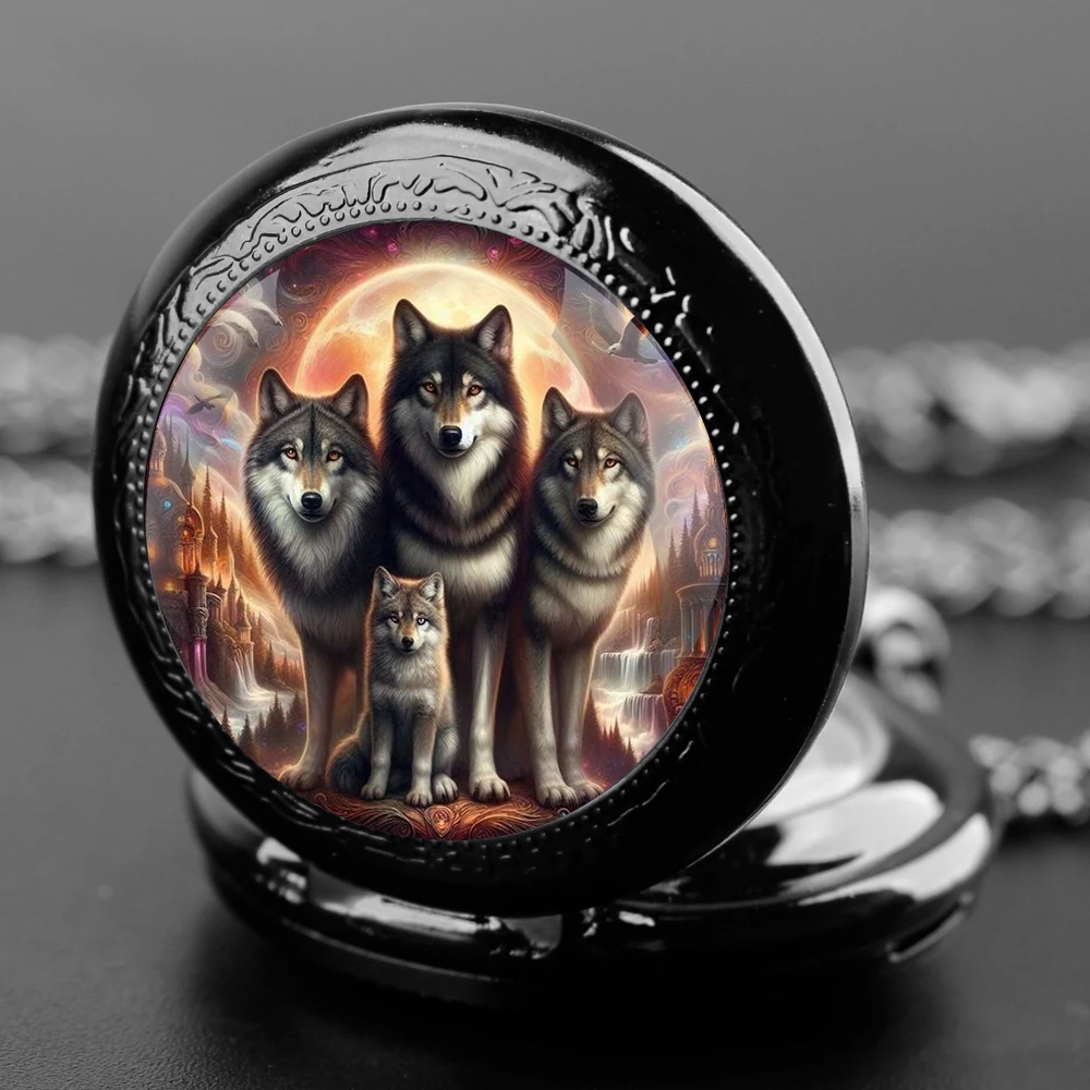 The Wolf family  Design Glass Dome Quartz Pocket Watch With Durable Chain Arabic Numeral Dial For Men And Women Creative Gifts