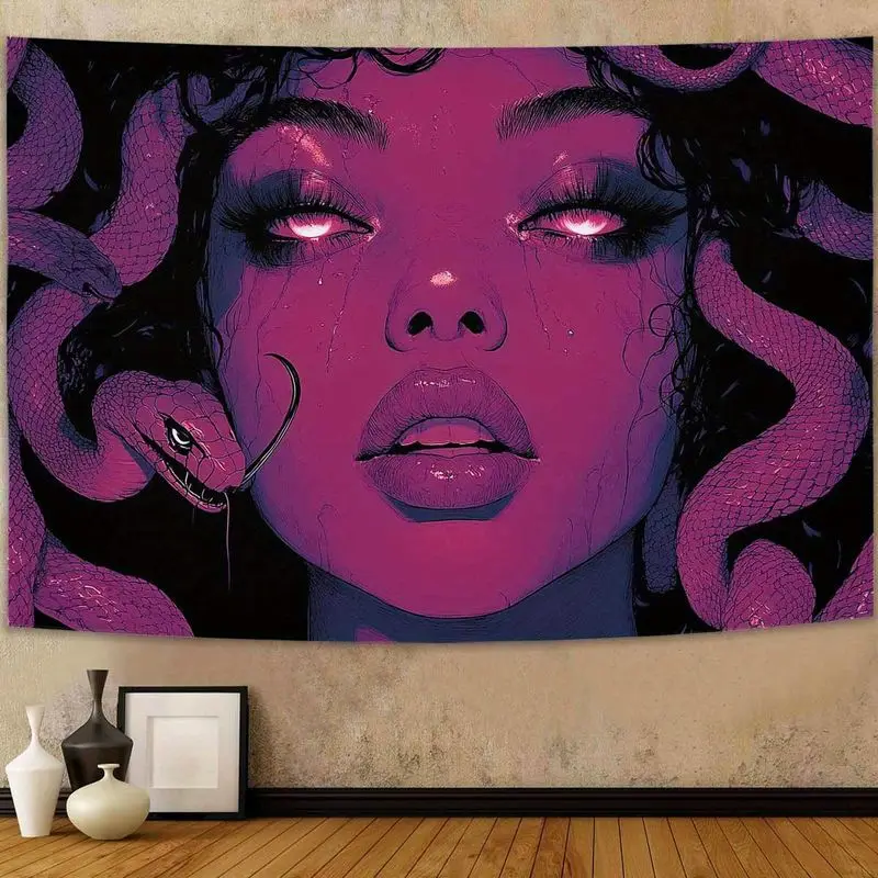 VIKAMA Medusa Tapestry Purple Pink Snakes Gothic Woman Face Wall Hanging Dark Art Poster Bedroom Living Room Wall Decor