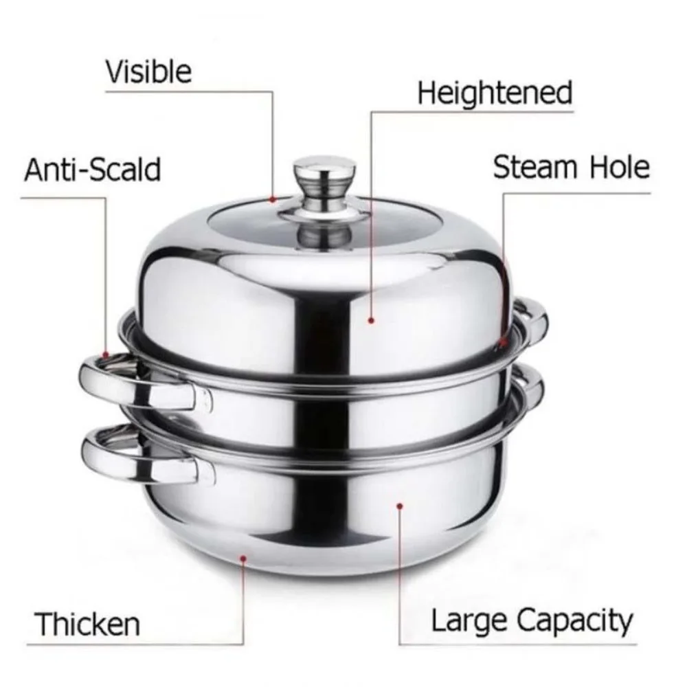 Multipurpose Stainless Steel Steamer 28cm with Lid 2 Layers Hot Pot Steamer Cookware Steamed Fish Bun Pot Induction Cooker Gas