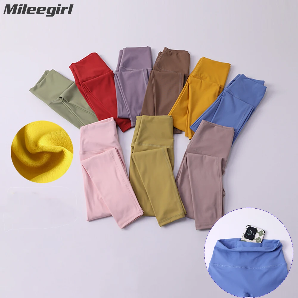 

Mileegirl Soft Quick Dry Women Yoga Pants Hidden Back Pockets Sports Leggings Elastic High Waist Gym Fintess Tights Solid Colors