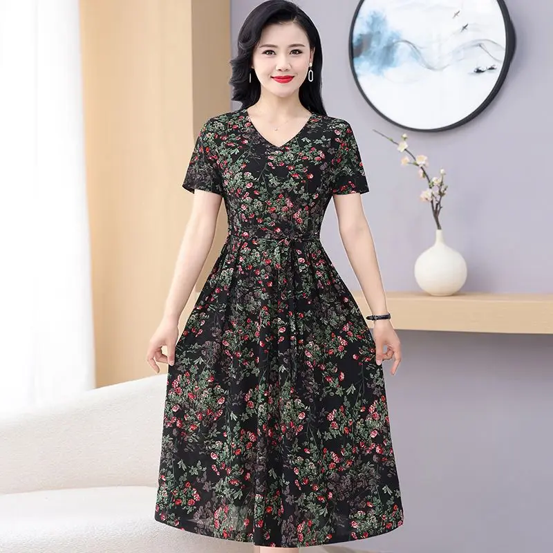 Sommer New Faion Print Ort Sve Knielanges Midi Dr. Ele Godd Personali High-End Casual Floral Dr