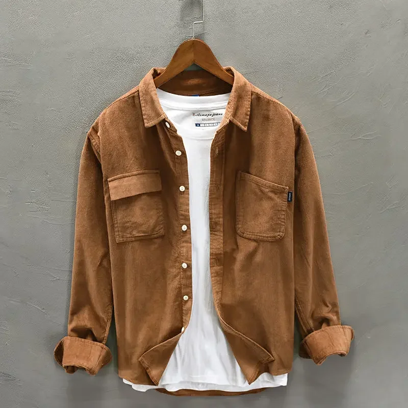 Korean Vintage Corduroy Shirt Men\'s Cargo Jacket Casual Spring Long Sleeved Loose Casual Shirt Coat Y2k Fashion Men Clothing