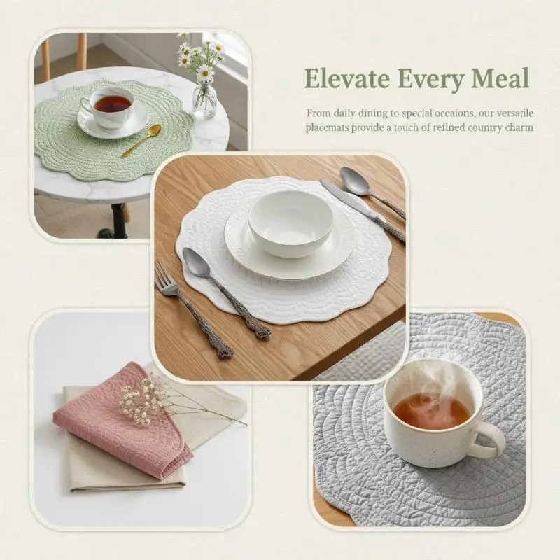 1Pcs 38cm Table Mats Cotton Fabric With Microfiber Filling Quilted Placemats Washable Round Placemats For Table