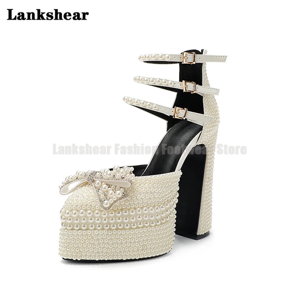 Fully Handmade Luxury Pearls Women Sandals Summer Wedding Banquet Thick Heeled Peep Toe Platform High Heels Sandalias De Mujer