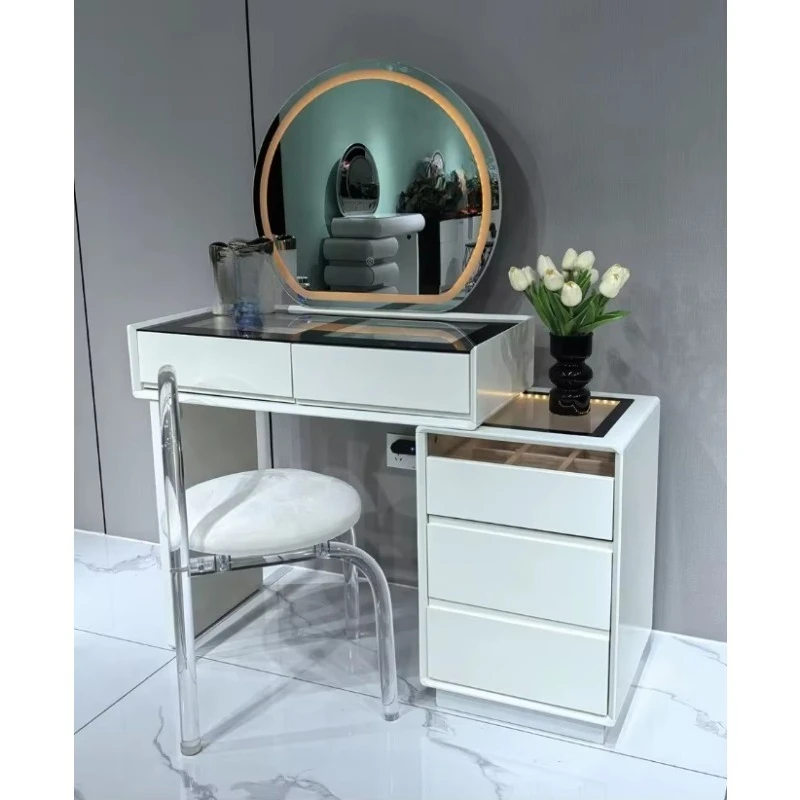 Double Glass Integrated Makeup Vanity Bedroom Home Chest of Drawers with MDF Wood Style Elegant Dressing Table with Mirror