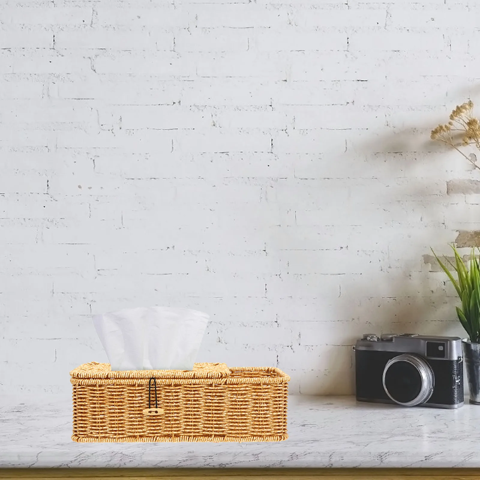 

Multifunctional Tissue Box Holder Imitation Rattan Woven Design Napkin Dispenser For Bathroom Bedroom Office Desktop Storage