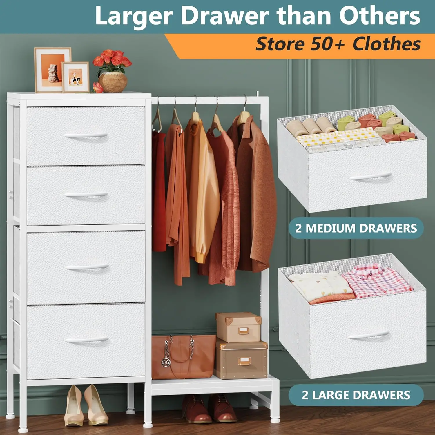 4-Drawer Dresser with Hanging Rack – Fabric Kids Closet Organizer 6