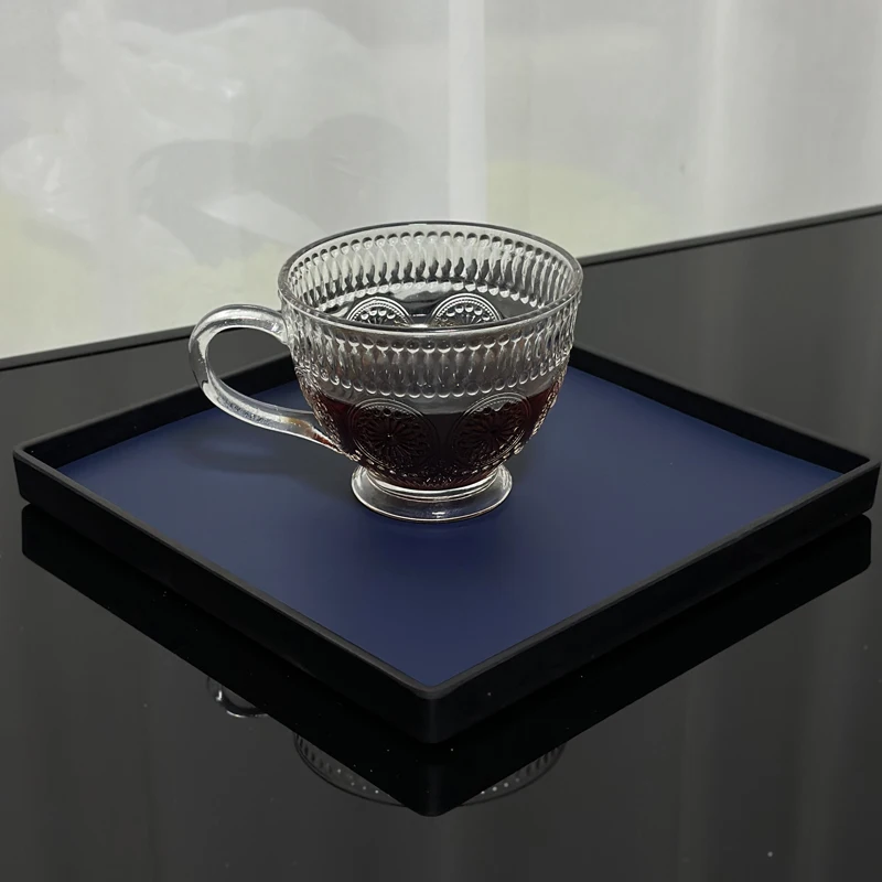 Black Square Tray for Home Use Deep Blue Handmade Leather with Pink Accents Light Luxury Jewelry, Fragrance and Storage Tray