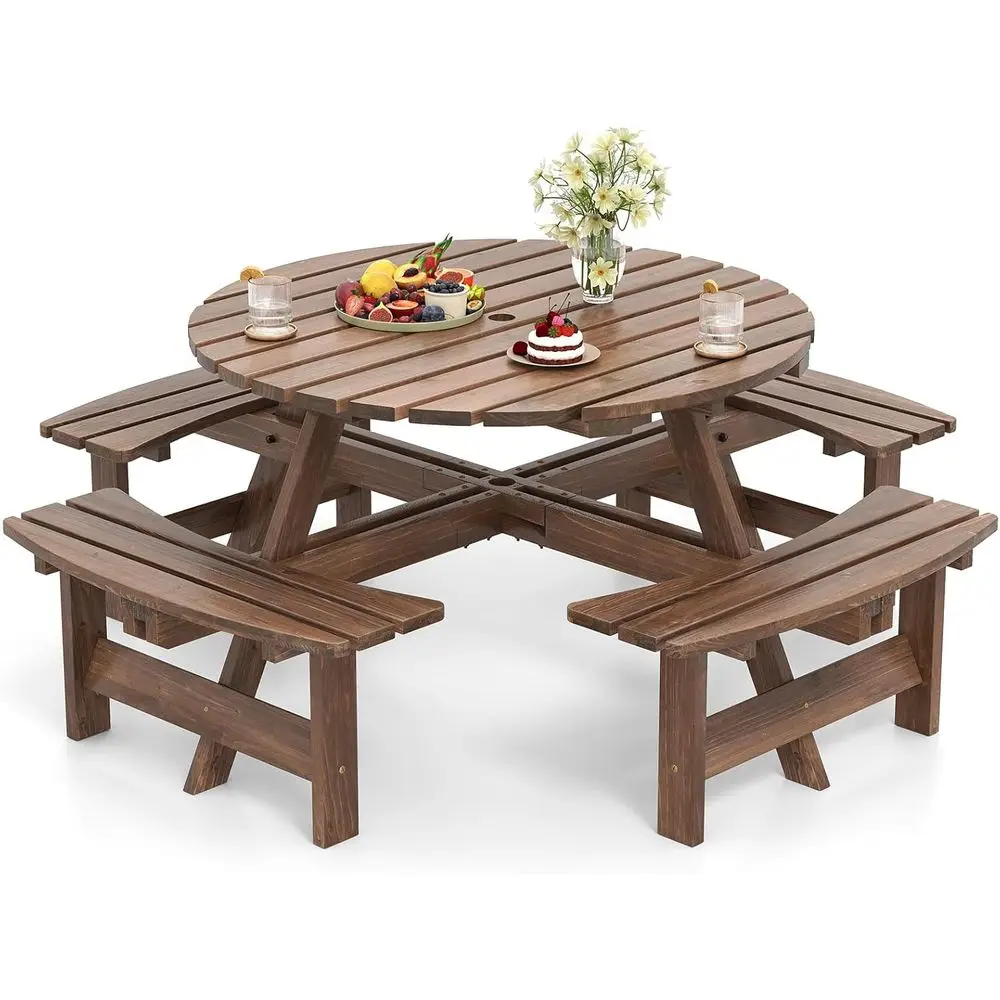 

8-Seat Circular Wooden Picnic Table with 4 Benches, 550lbs Capacity, 2 Umbrella Hole, Outdoor Dining Set, Brown (71x71x28)