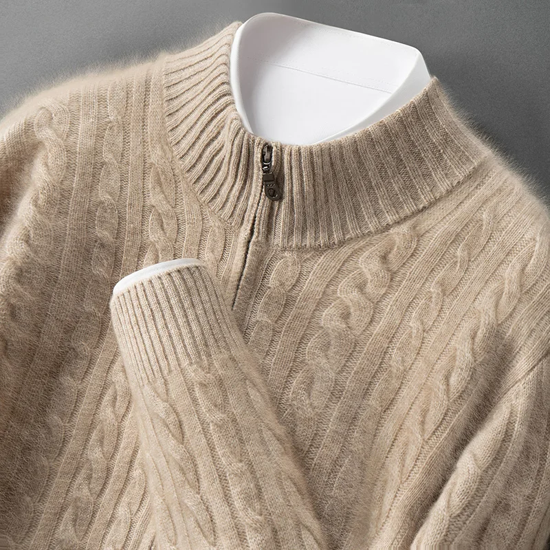 100% Pure Cashmere Men's Cardigan Knitted Cable Zipper Cardigan Thickened Casual Solid Color Loose Sweater Knitted Jacket