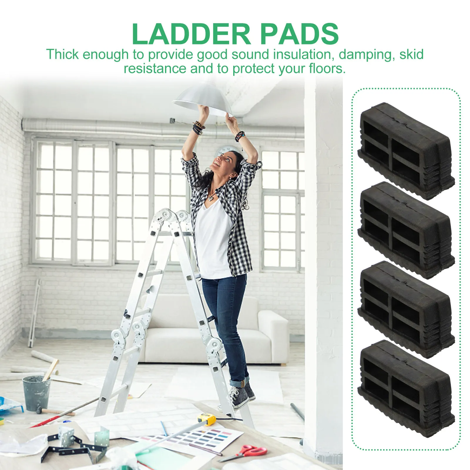 

Комплект из 4 резиновых накладок для ножек лестницы: нескользящие, для защиты пола (дерево, плитка, ковер), предотвращают царапины, амортизирующие, с улучшенным сцеплением