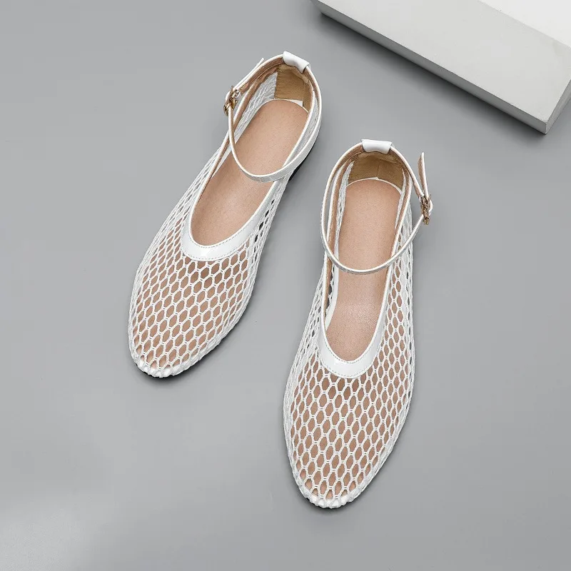 

Net Flat Fashion Sandals New Summer Round Head Breathable Non-slip Line Button Mary Jane Fishnet Shoes Ladies Shoes