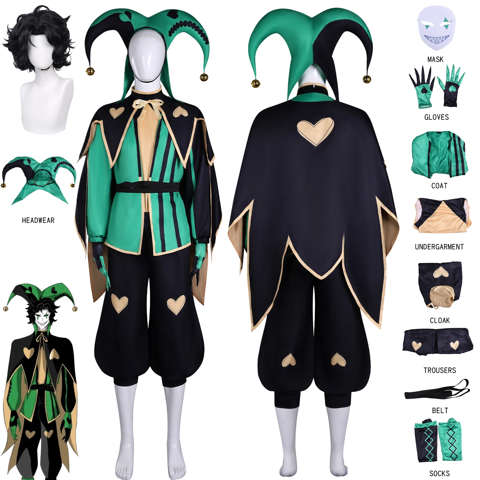Disfraz de harlequín del circo Freak, pelucas para cosplay, disfraz de terror para Halloween, uniforme de Joker para juegos de rol, accesorios de harlequín para fiestas de Halloween y carnavales.