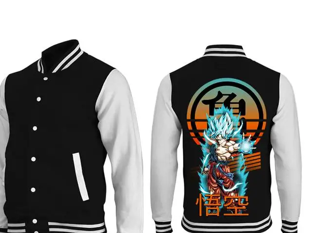 Chaqueta de béisbol Dragon Ball Goku Abrigo universitario blanco y negro con estampado trasero azul Super Saiyan y ropa unisex Kanji japonesa