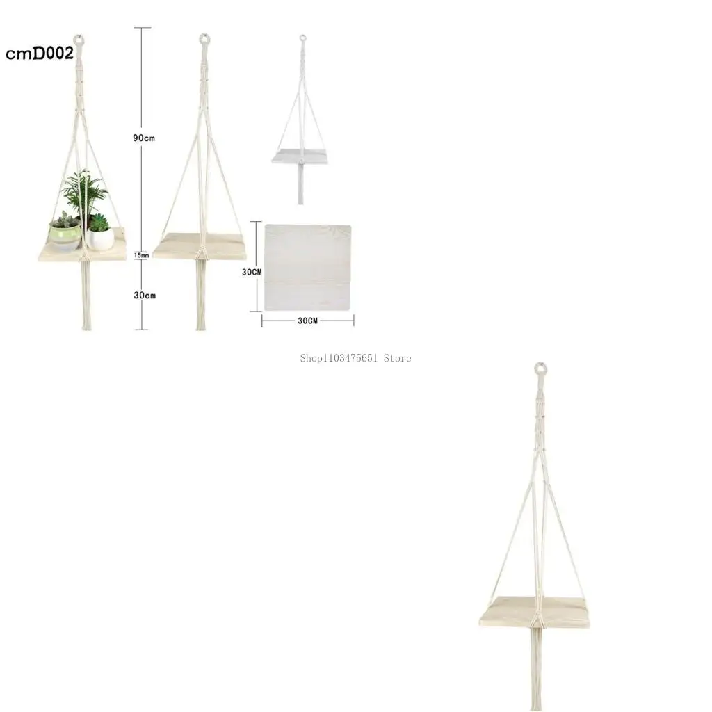 Macrame Plant Hanger with Square Wooden Plate Tray Woven Cotton Rope Hanging Planter Shelf Flower Pot Holder Stand Rack Bohemian