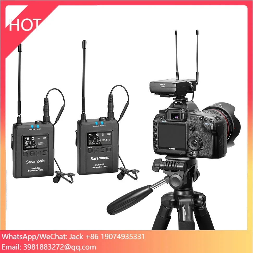ชุดไมโครโฟนไร้สาย Saramonic UwMic9S Kit2 Mini UHF แบบสองช่องสัญญาณ พร้อมจอแสดงผล OLED ระบบโมโน/สเตอริโอ พร้อมระบบมอนิเตอร์หูฟัง