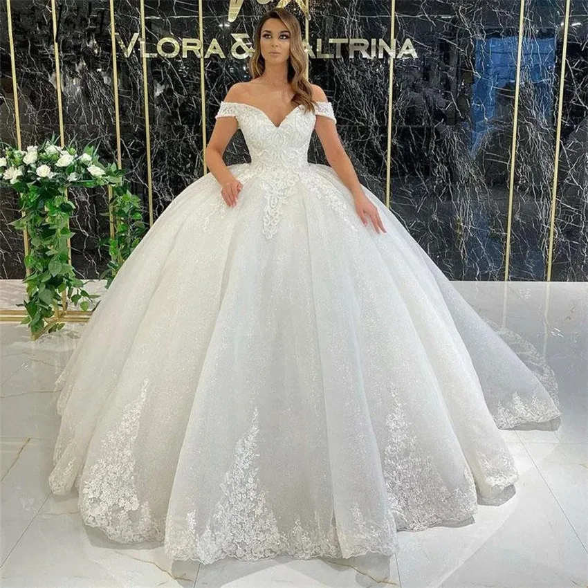 

Sparkly Ball Gown Princess Wedding Dresses for Bride 2024 Luxury Off Shoulder Lace Appliques Beaded Bridal Gowns Robe De Mariee