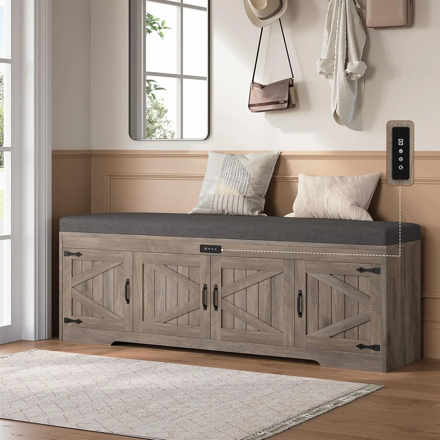 Shoe Storage Bench with Deodorizing & Cushion Seat, 4-Door Hidden Rack, Adjustable Shelf, Entryway Bedroom Living Room
