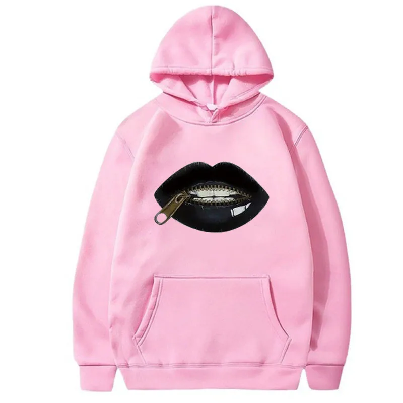 เสื้อสเวตเตอร์มีฮู้ดแขนยาวที่อบอุ่นพร้อมรูปแบบการพิมพ์ที่สนุกสนานบนซิปริมฝีปากสตรีทแวร์ผู้หญิงเสื้อฮาราจูกุ