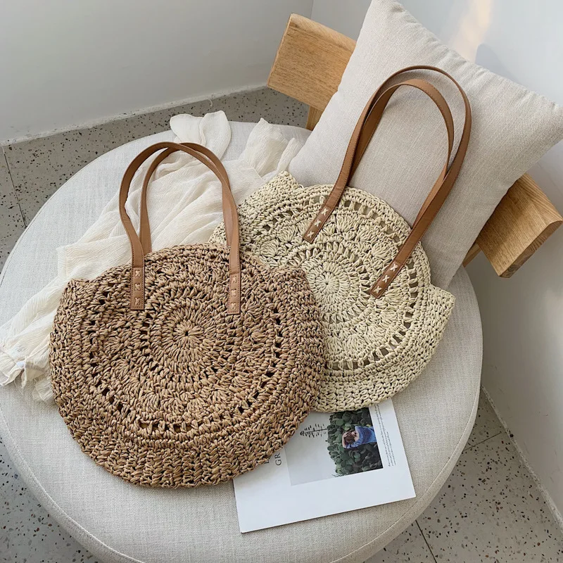 Round Straw Beach Bag Vintage Handmade Woven Shoulder Bag Raffia circle Rattan bags Bohemian Summer Vacation Casual Bags