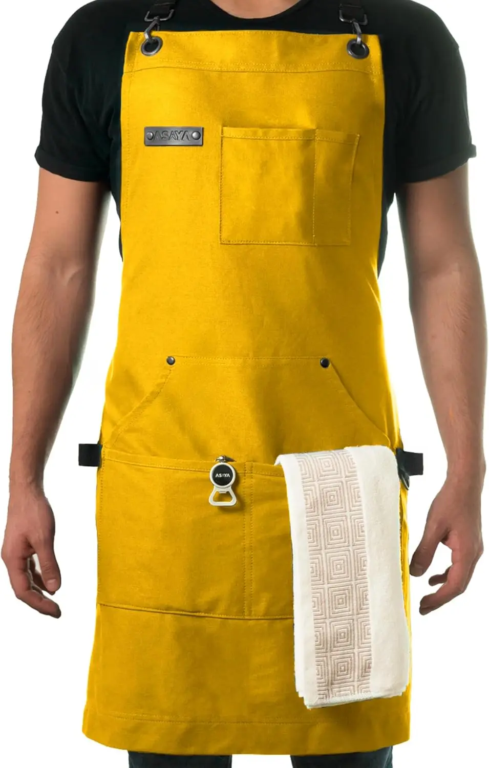 

Chef and BBQ Apron with Bottle Opener and Hand Towel - 10oz Cotton Canvas, StainlSteel Hardware - Back Straps