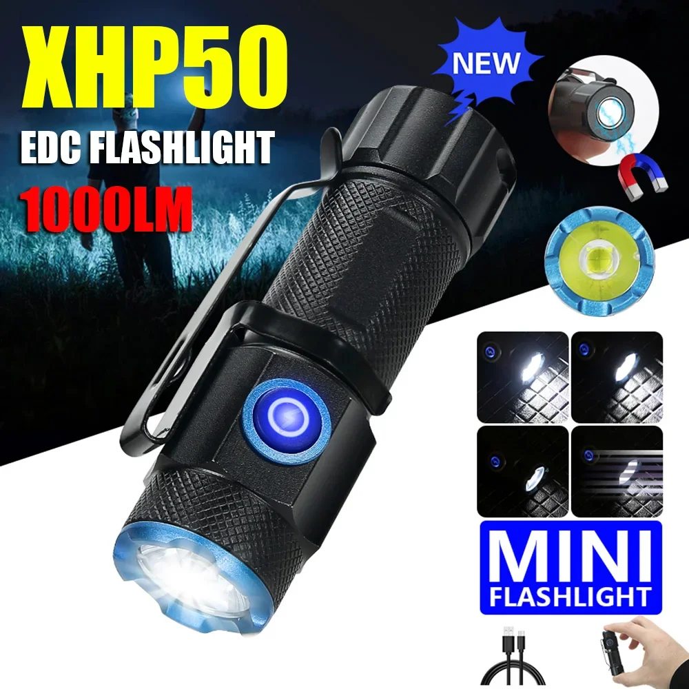 XHP50 Powerful EDC LED Flashlight Type-c Rechargeable 1000LM Tactical Torch With Tail Magnet Emergency Fishing Camping Lantern