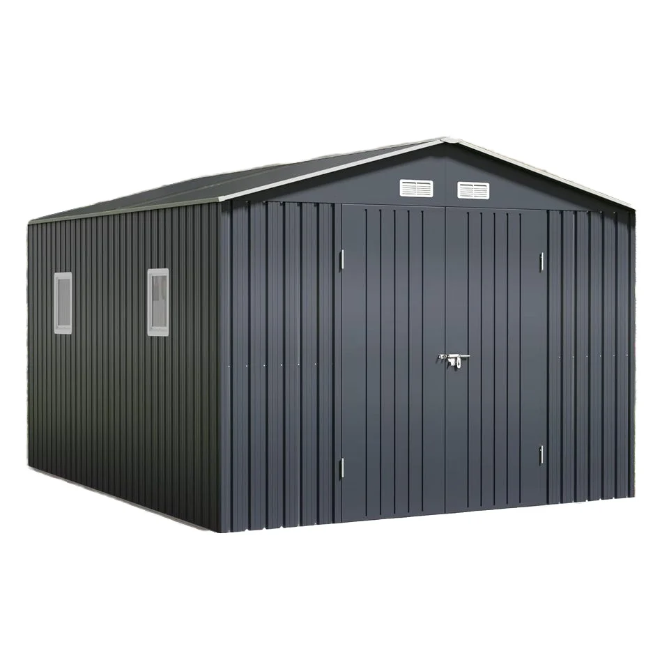 

Practical outdoor storage shed with lockable doors, windows, and metal-framed floor for patio storage