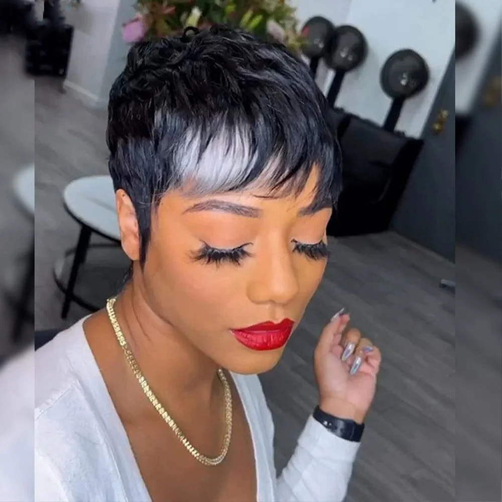 Короткий парик Боб для черно-белого парика с стрижкой пикси с челкой Натуральный черный прямой парик из бразильских волос машинного производства смешанного цвета
