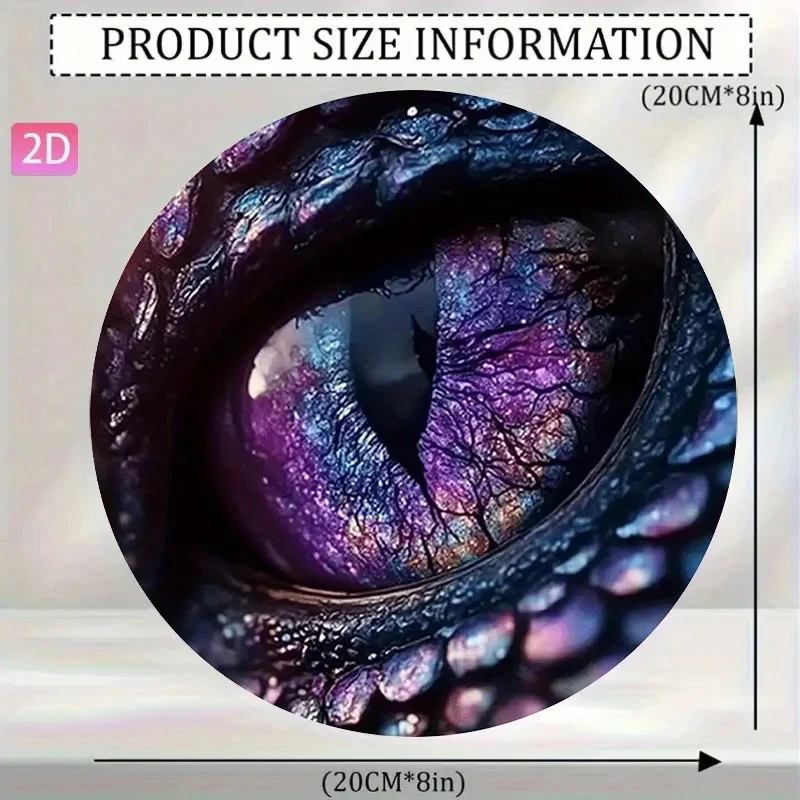 2D Flat High-Definition Metal Wall Art Fantasy Evil Dragon Eye Close-Up Purple Blue Scales Sharp Gaze Circular Metal Sign Features