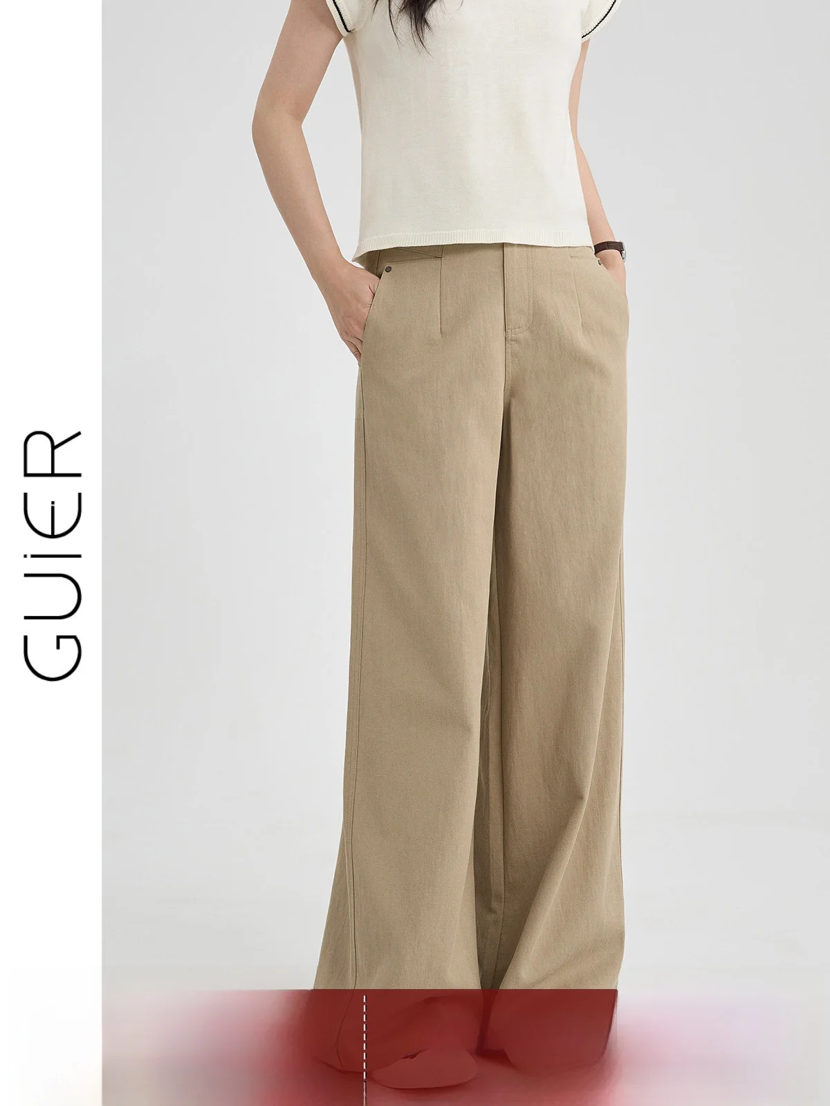 

High Waist Wide Leg Casual Pants Women's Loose Fit Khaki Color Summer New Style Drapey Slimming Trousers by Guier