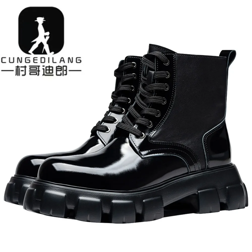 Men's Motorcycle Boots Patent Leather Platform Shoes Brand Ankle Fashion High Heel Boots Male Autumn Winter Warm Platform Boots