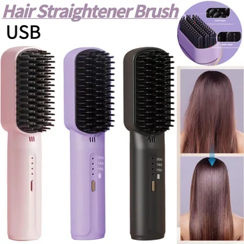 Image Cordless Hair Straightening Comb Rechargeable Electric Hot Comb 3 Temp Settings Portable Straightening Brush for Travel & Home