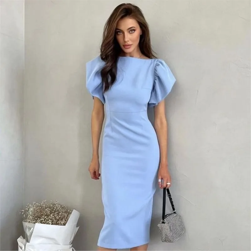 Summer Women's Solid Slim Fit Sexy Slit Wrap Buttocks Dress Niche Elegant Middle Dresses Blue O-Neck Temperament Vestidos Mujer