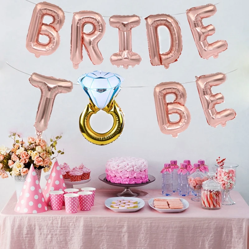 1 Set 16 inch Foil Diamond Ring BRIDE TO BE Letter Balloons Banner for Bridal Shower Wedding Bachelorette Hen Party Decorations