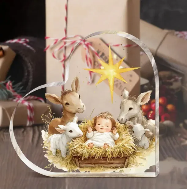 Manger Birth of Jesus Animal Figure Clear Heart Acrylic Plaque Xmas Religious Home Tabletop Gift