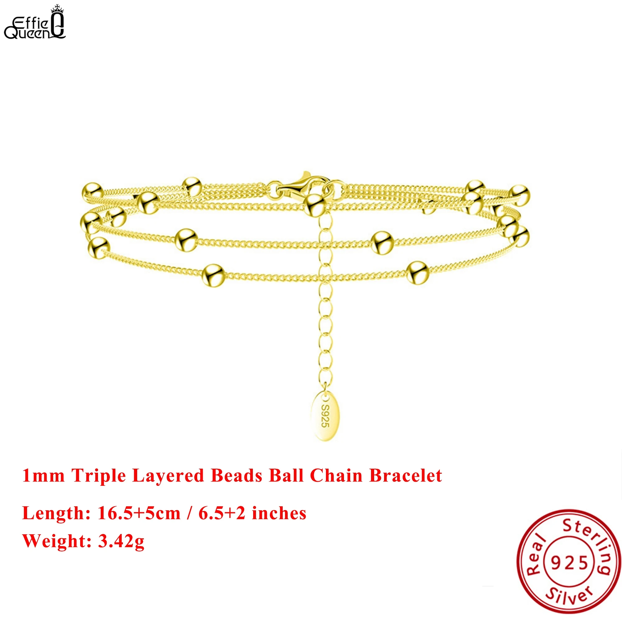 

EFFIE QUEEN Серебро 925 пробы, золото 14 карат, 1 мм, трехслойные бусины, браслет-цепочка с шариками, идеальные украшения для женщин, трендовый браслет 2025 года SB173