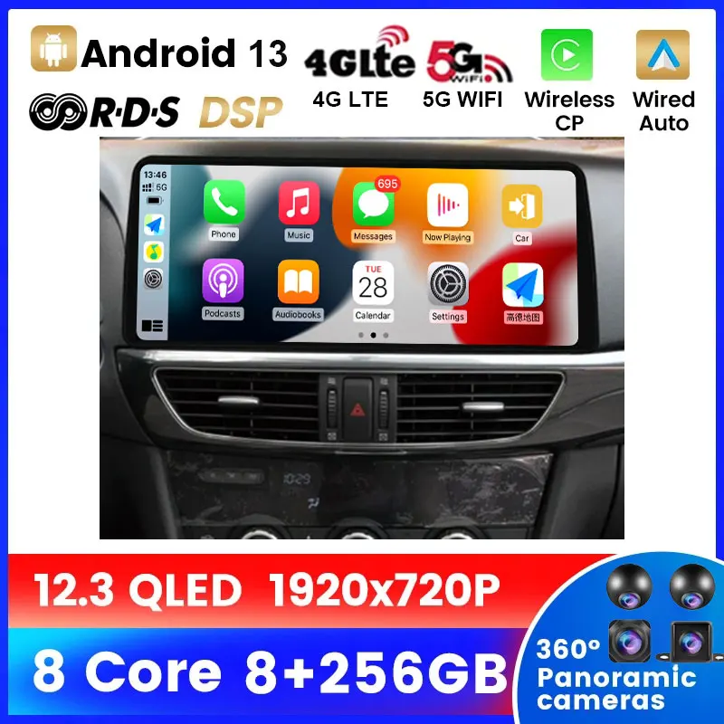 

Автомобильный радиоприемник Android 13, 12,3 дюйма для Mazda 6 Atenza 2013 2014 2015 2016 Carplay, автомобильный стерео Мультимедийный видеоплеер BT QLED