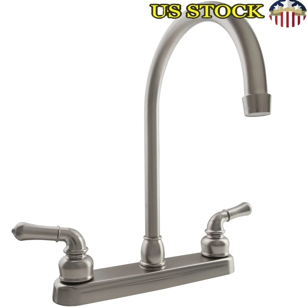 

Elegant J-Spout RV Kitchen Faucet Dual Lever Splashless Design Heavy Duty Construction Easy Installation Limited Space 1.8 GPM