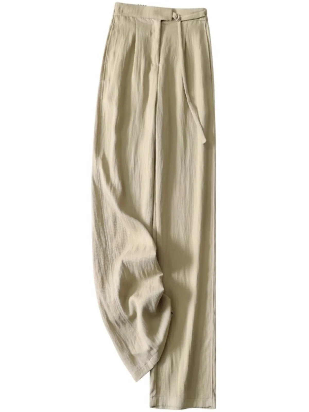 Pantalon taille haute à jambes larges, Version étroite, en soie et chanvre, coupe droite, Texture plissée, pantalon décontracté d'été pour femmes