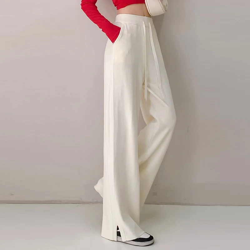 

Winter 2025 New Women's Woolen Fleece Warm Pants Elastic High Waist Drawstring Autumn Chic Female Casual Side Slit Wide Leg Pant