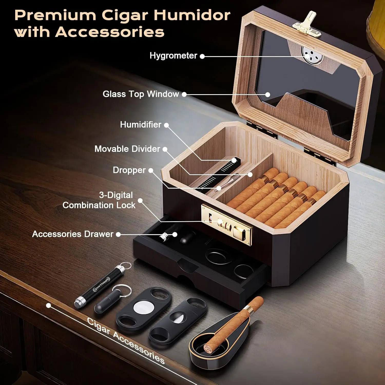 Zedernholz-Zigarrenhumidor für den Schreibtisch mit Schloss, Glasdeckel, Hygrometer & Zubehörschublade - Komplettes Zigarren-Geschenkset für Männer