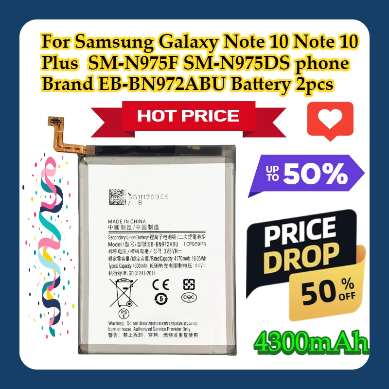 For Samsung Galaxy Note 10 Note 10 Plus  SM-N975F SM-N975DS phone Brand EB-BN972ABU 4300mAh Battery 2pcs