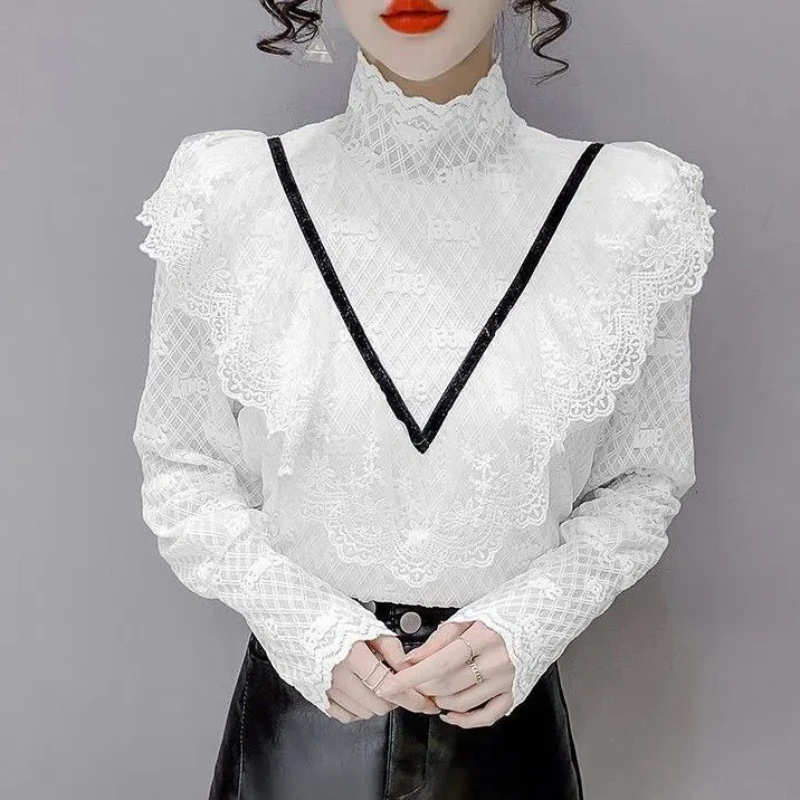 Lace Ruffles Patchwork Loose Bottoming Shirt Spring Autumn Long Sleeve Solid Elegant T Shirt Tops Fashion Office Women Clothing