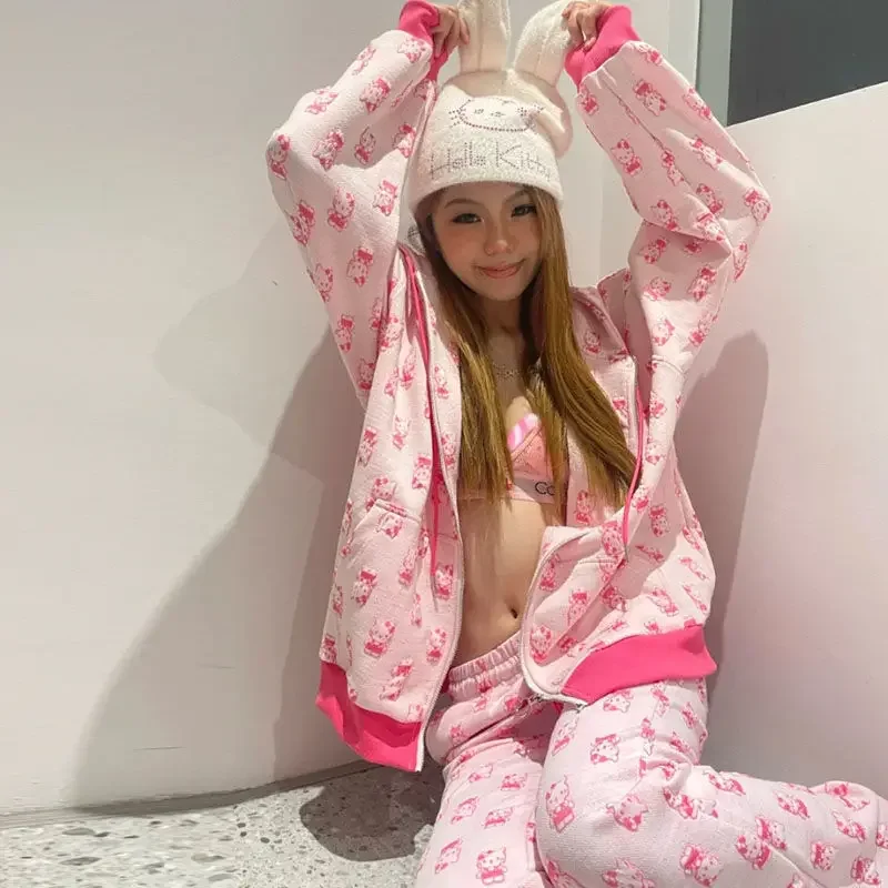 

Miniso Sanrio костюм для отдыха Hello Kitty Y2K пальто с длинными рукавами Спайс для девочек брюки с низкой посадкой свободный удобный костюм милый подарок для девочки