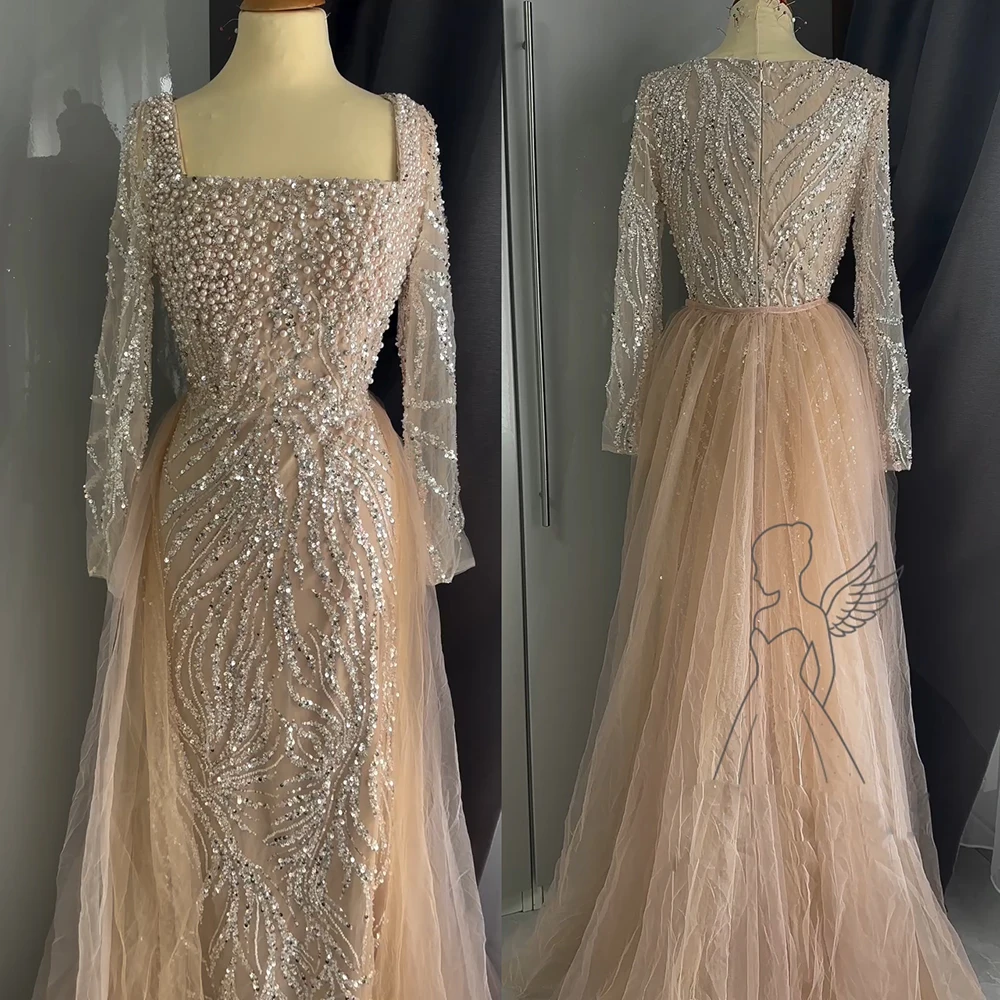 Alinovia vestido de noite sereia com pérolas, manga longa, para mulheres, com trem destacável, 2025, formal, baile, festa de casamento, personalizado